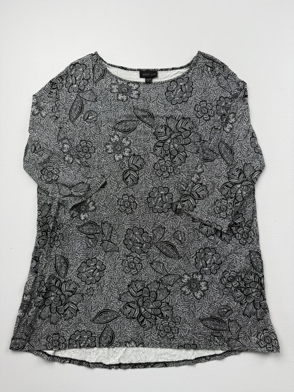 J. Jill Shirt Womens M Petite Gray Floral Crew Neck 3/4 Sleeve Tunic Top